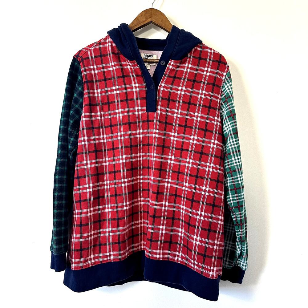 Lands' End Serious Sweats Plaid Hoodie Sweatshirt‎ Womens L Cozy Casual Preppy